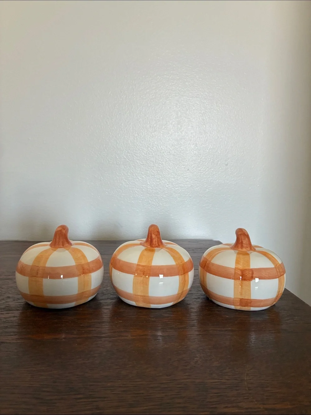 NWT- Decorative Ceramic Pumpkin Trio - White and Orange Plaid Stripe
